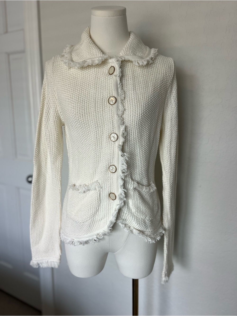 Worthington Women’s S Ivory Cotton Knit Cardigan Fringe Trim Old Money Vintage